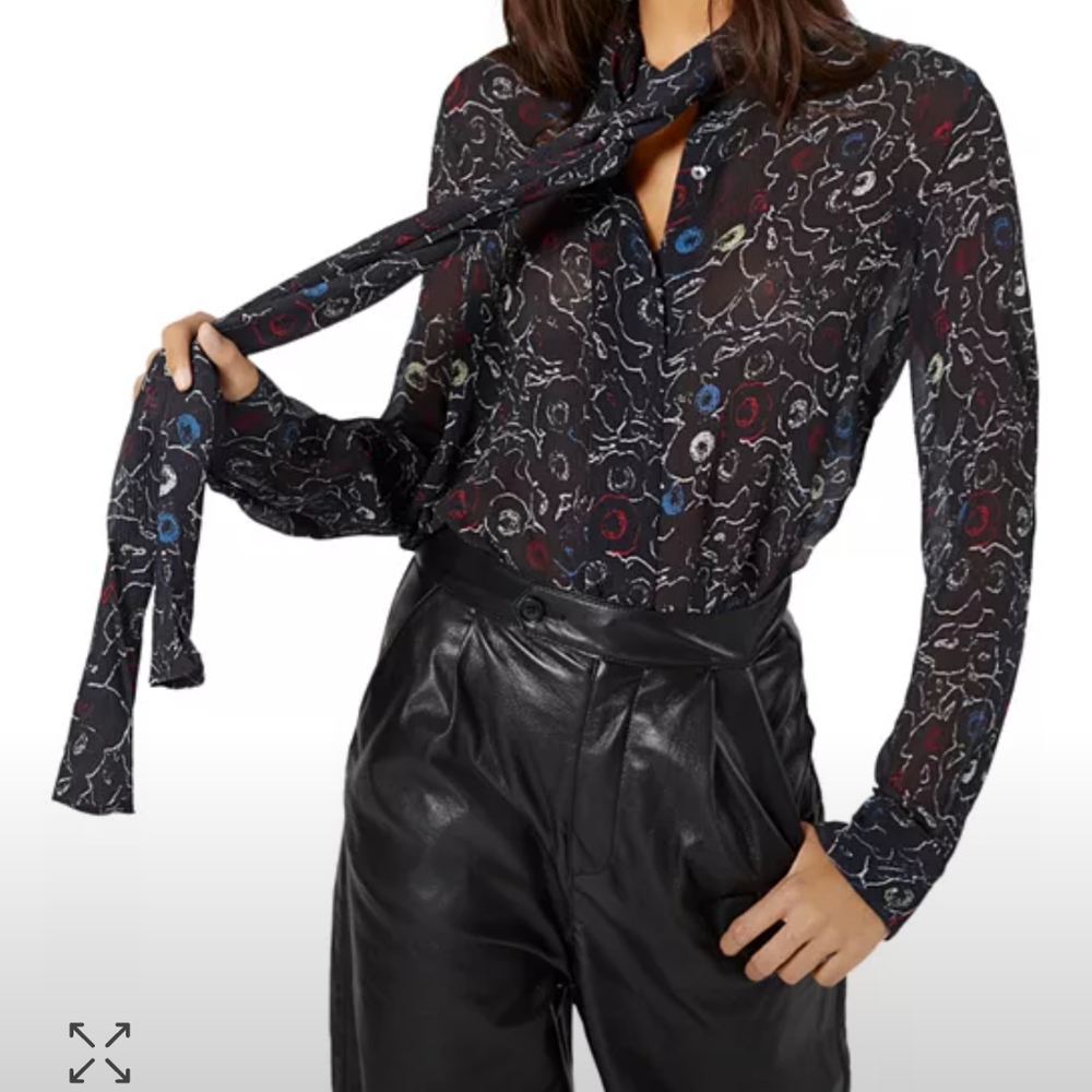 Joie Roselle Floral Print Tie Neck Silk Blouse In Caviar Multi XS NWT